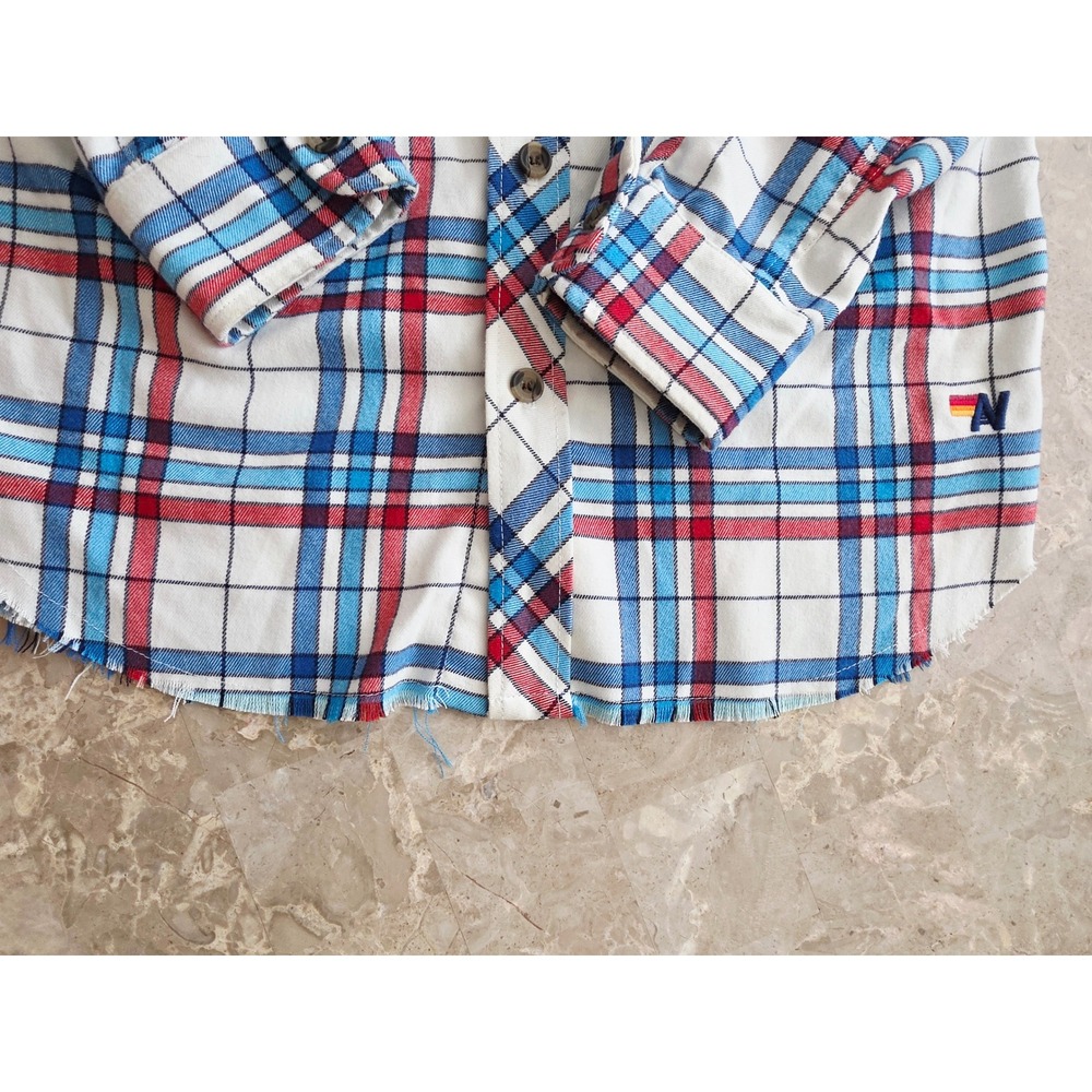 Aviator Nation Mens Plaid Flannel Shirt Red Blue White Frayed Hem Small USA - Picture 3 of 14